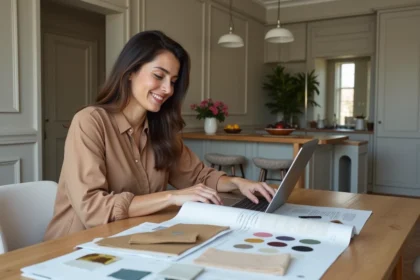 Femme souriante en intérieur design et plans