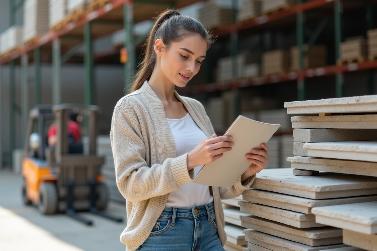 Jeune femme vérifiant un devis de matériaux de construction