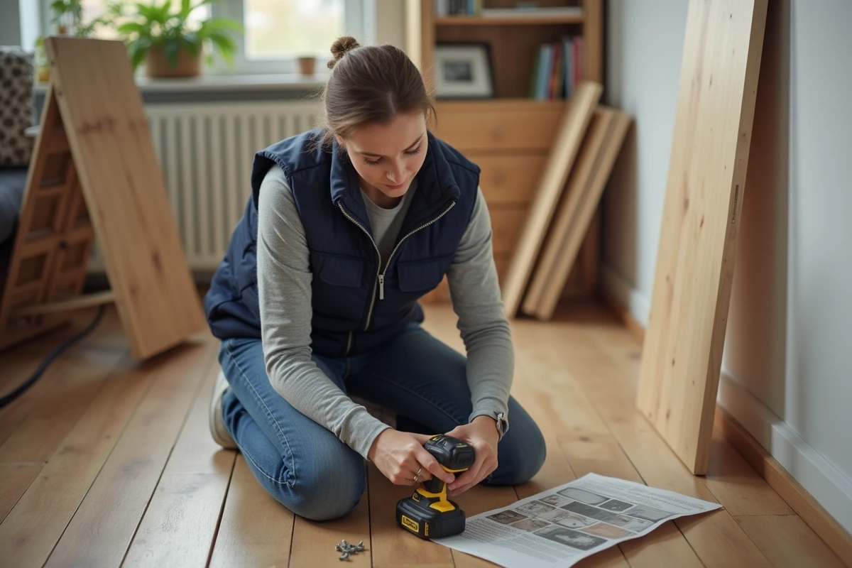 Femme utilisant une visseuse sans fil pour dévisser des vis lors du démontage d'un meuble en bois dans un salon