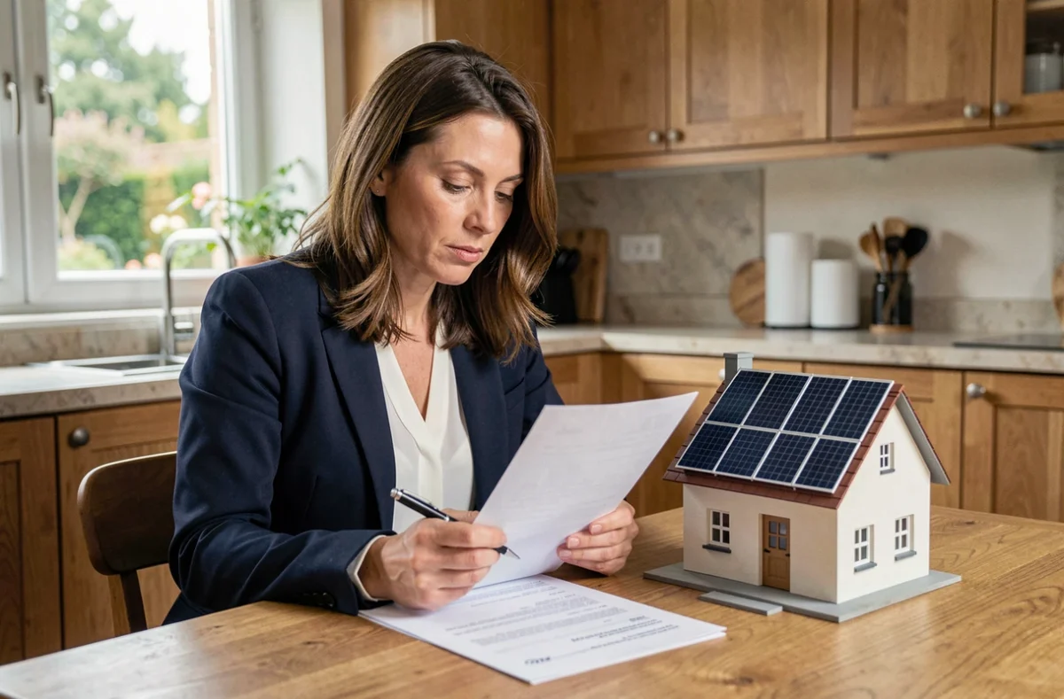 Femme examinant un dossier de demande d'éco-PTZ pour financer l'installation de panneaux solaires à son domicile