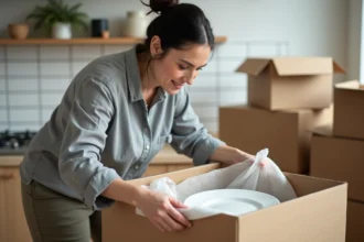 Femme emballant de la vaisselle dans un carton de déménagement double cannelure avec du papier bulle dans une cuisine
