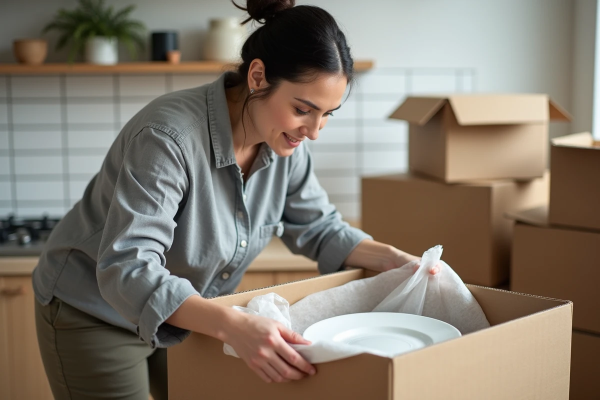 Femme emballant de la vaisselle dans un carton de déménagement double cannelure avec du papier bulle dans une cuisine