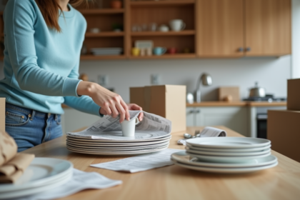 Femme emballant des assiettes en cuisine avec des cartons