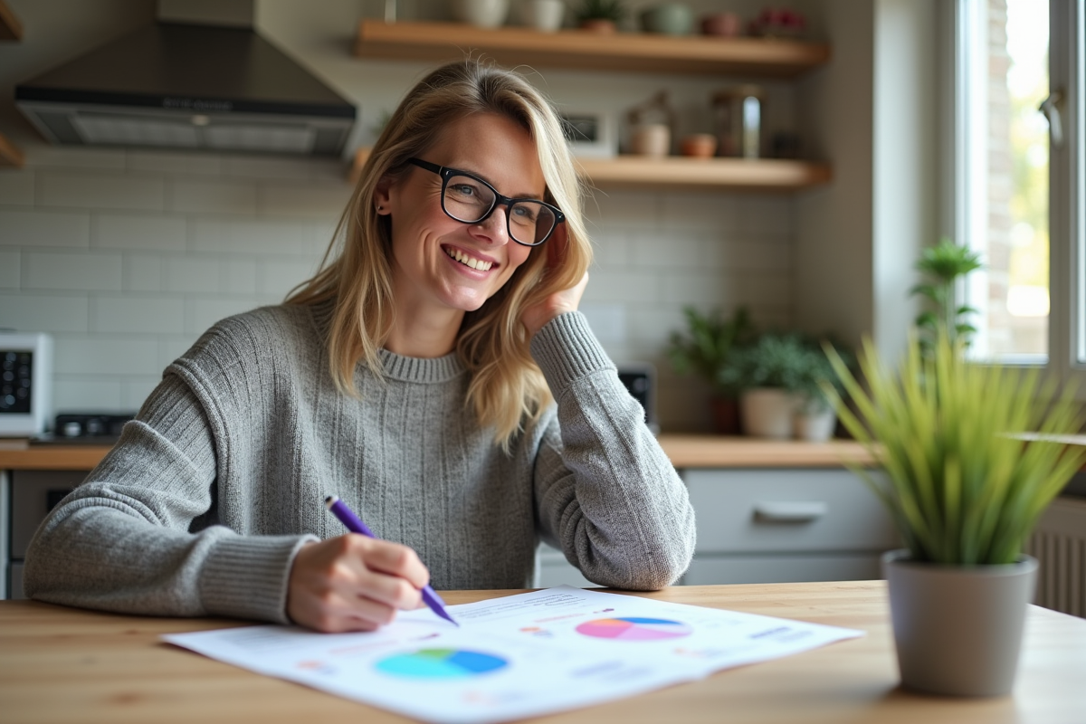 Femme souriante examine rapport energie dans cuisine