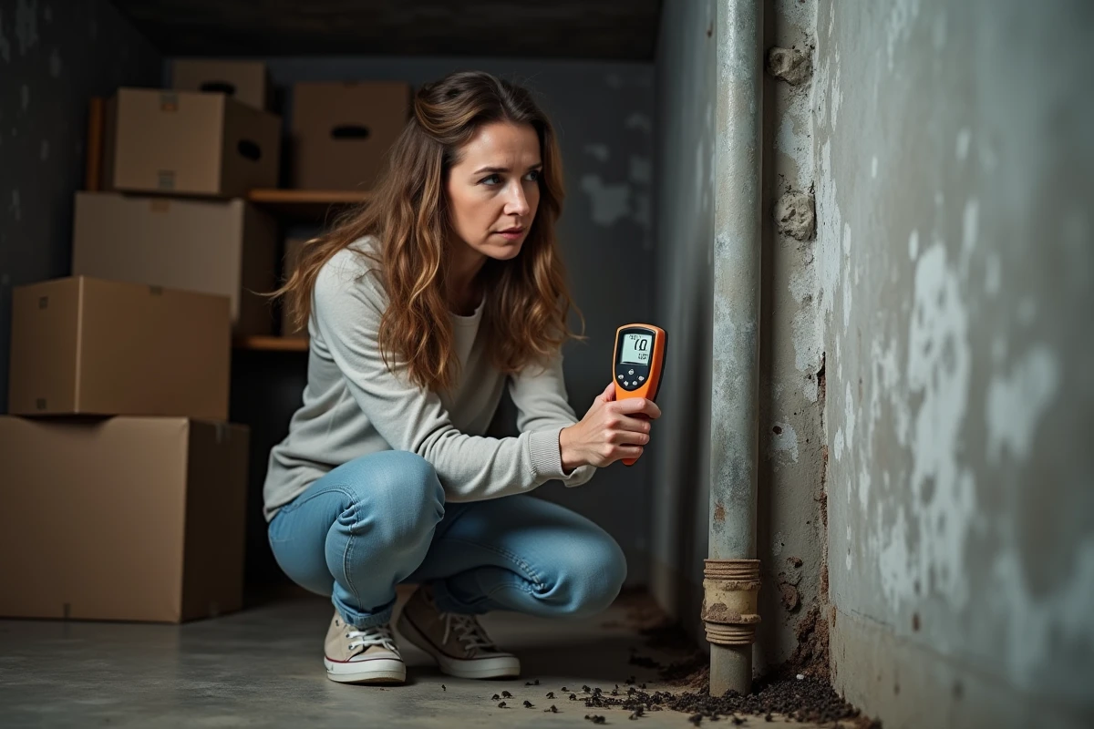 Femme inspectant des insectes noirs dans un sous-sol humide en tenant un hygromètre affichant un taux élevé
