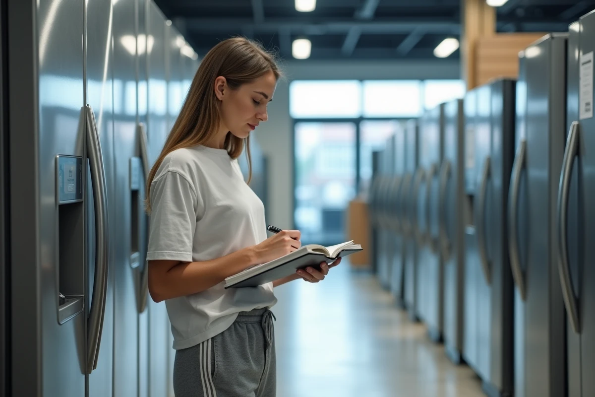 Jeune femme lisant une étiquette de réfrigérateur en magasin