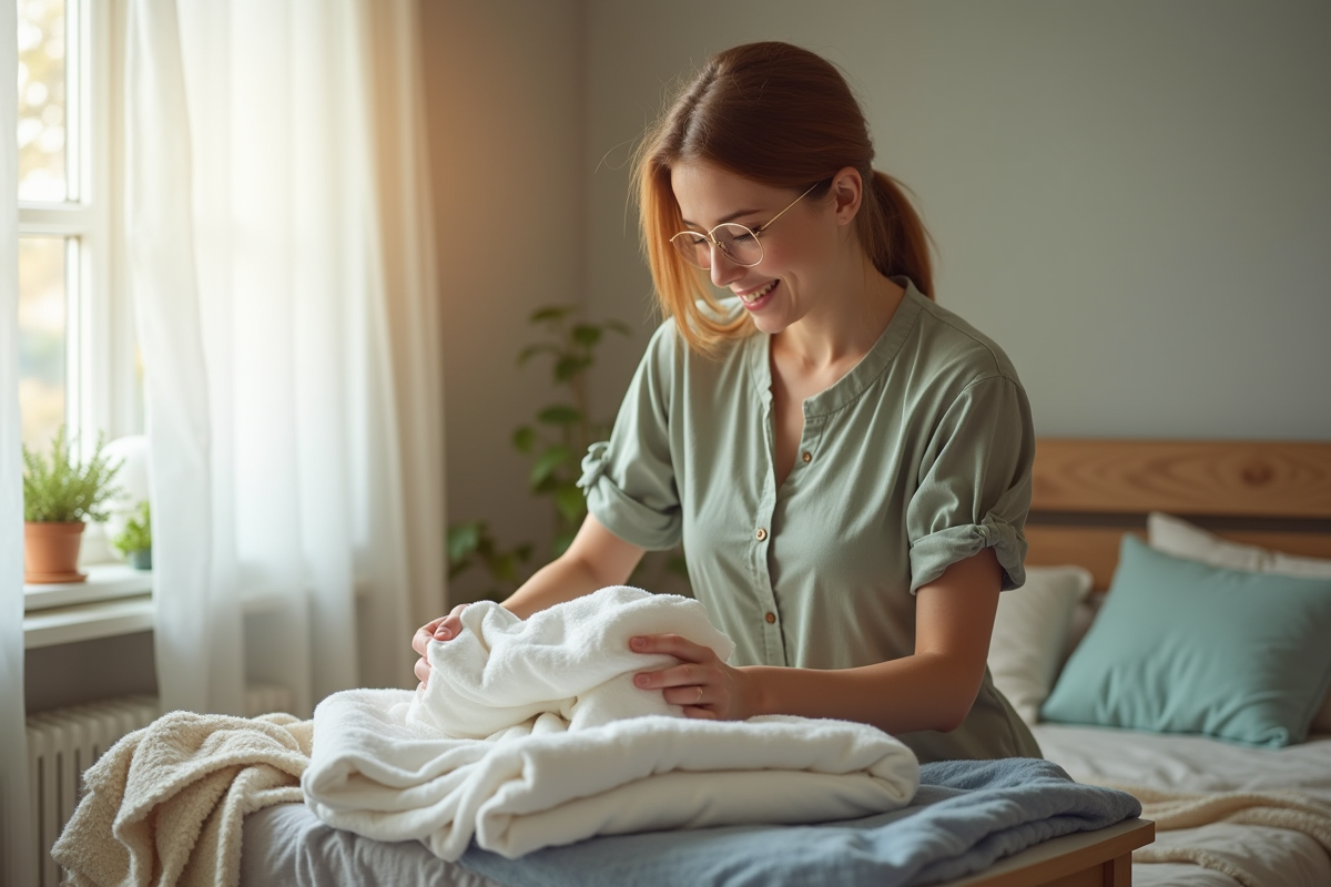 Femme pliant du linge dans une chambre cosy