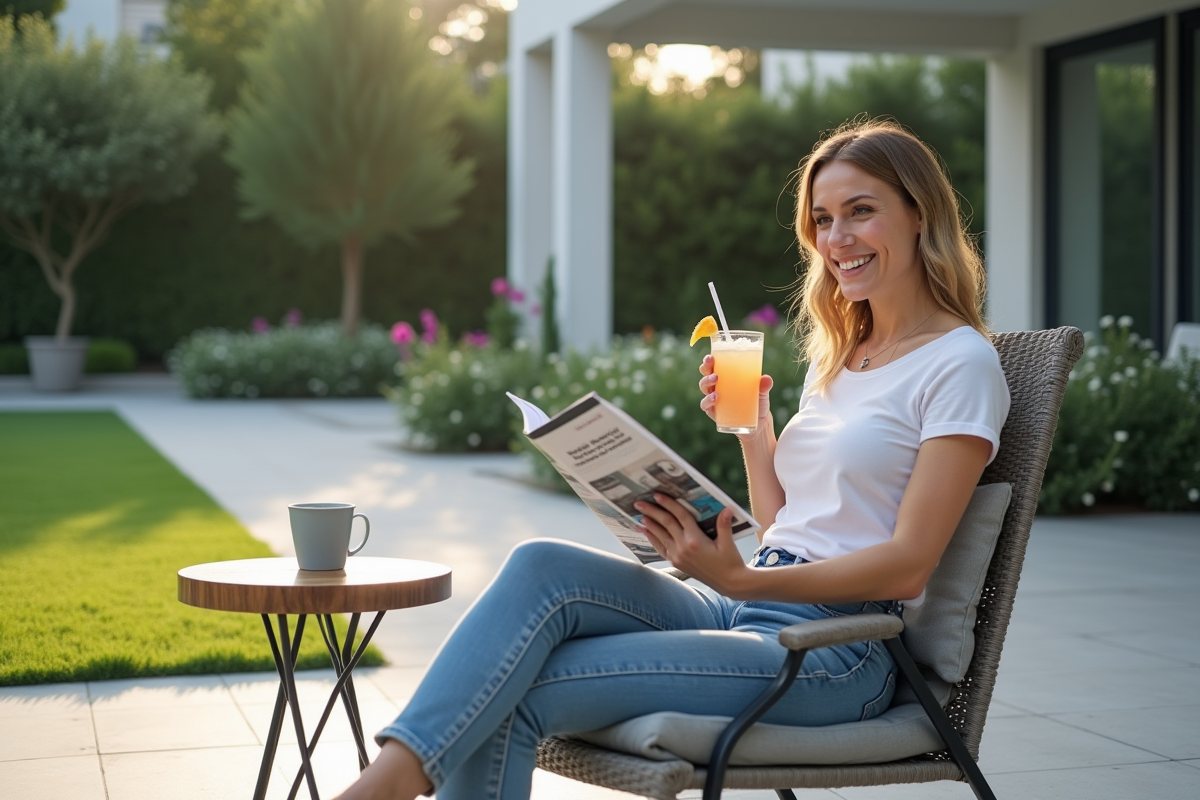 Femme souriante lisant une brochure au bord de la piscine