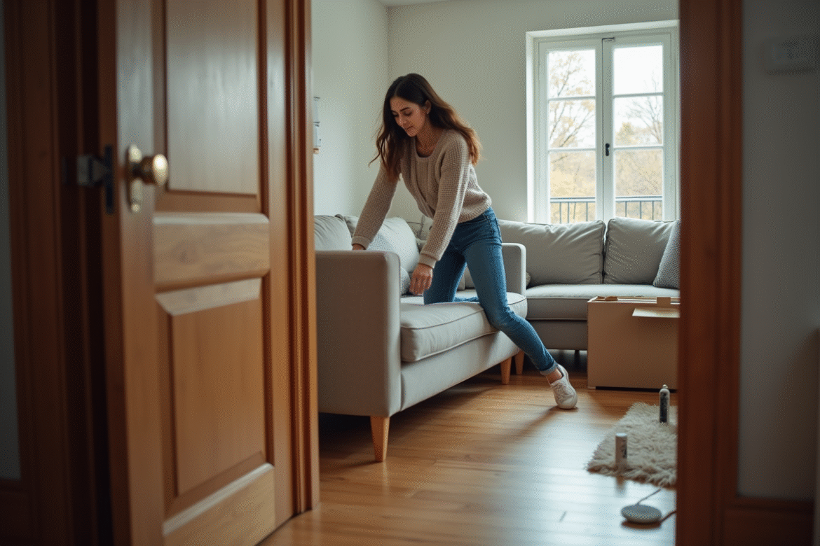 Jeune femme en jeans et pull déplaçant un canapé dans un appartement