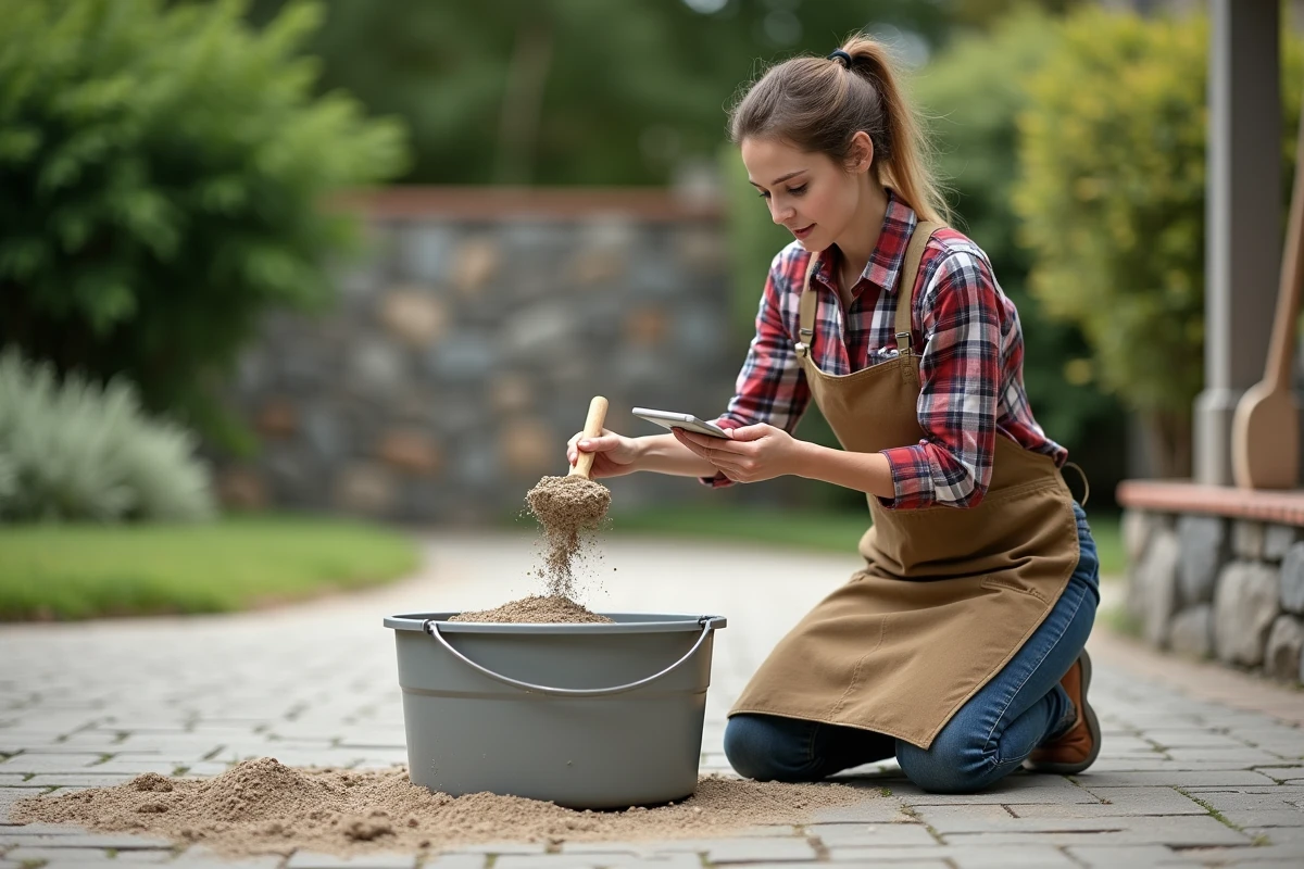 Jeune femme mesure du sable et ciment dans un jardin