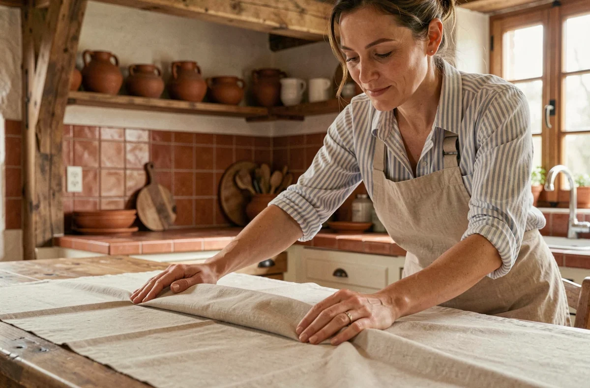 Femme lissant une nappe infroissable beige sur une table en bois dans une cuisine rustique française