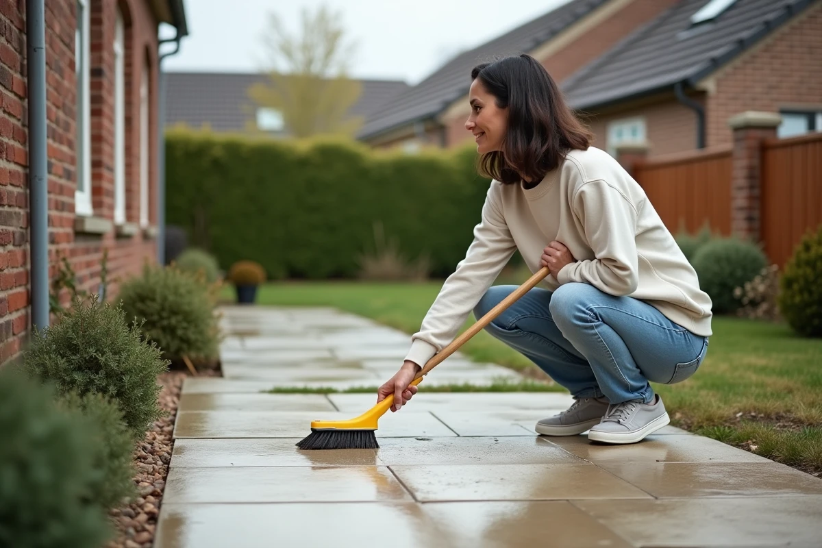 Femme nettoyant une terrasse en béton extérieure