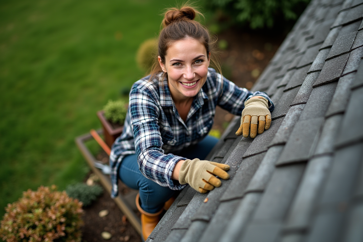 Femme en flanelle nettoyant un toit avec un pulvérisateur