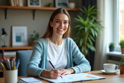 Femme souriante organisant son planning dans un bureau cosy