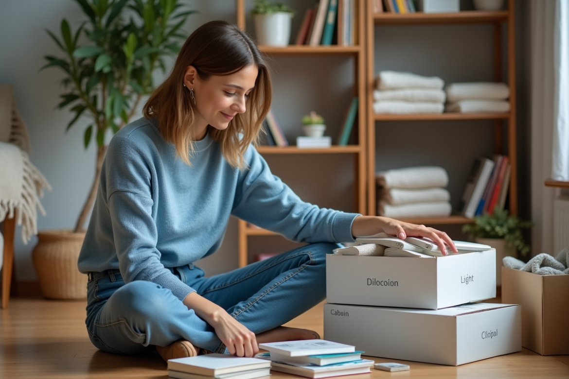 Jeune femme organisée triant des livres dans un salon cosy