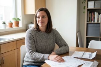 Femme organisée avec papiers de prêt dans un appartement lumineux