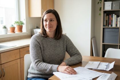 Femme organisée avec papiers de prêt dans un appartement lumineux
