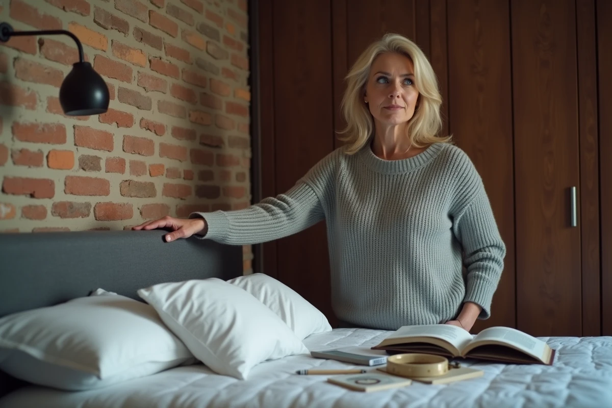 Femme réfléchissant à l'orientation de son lit dans une petite chambre avec contraintes architecturales et boussole Feng Shui