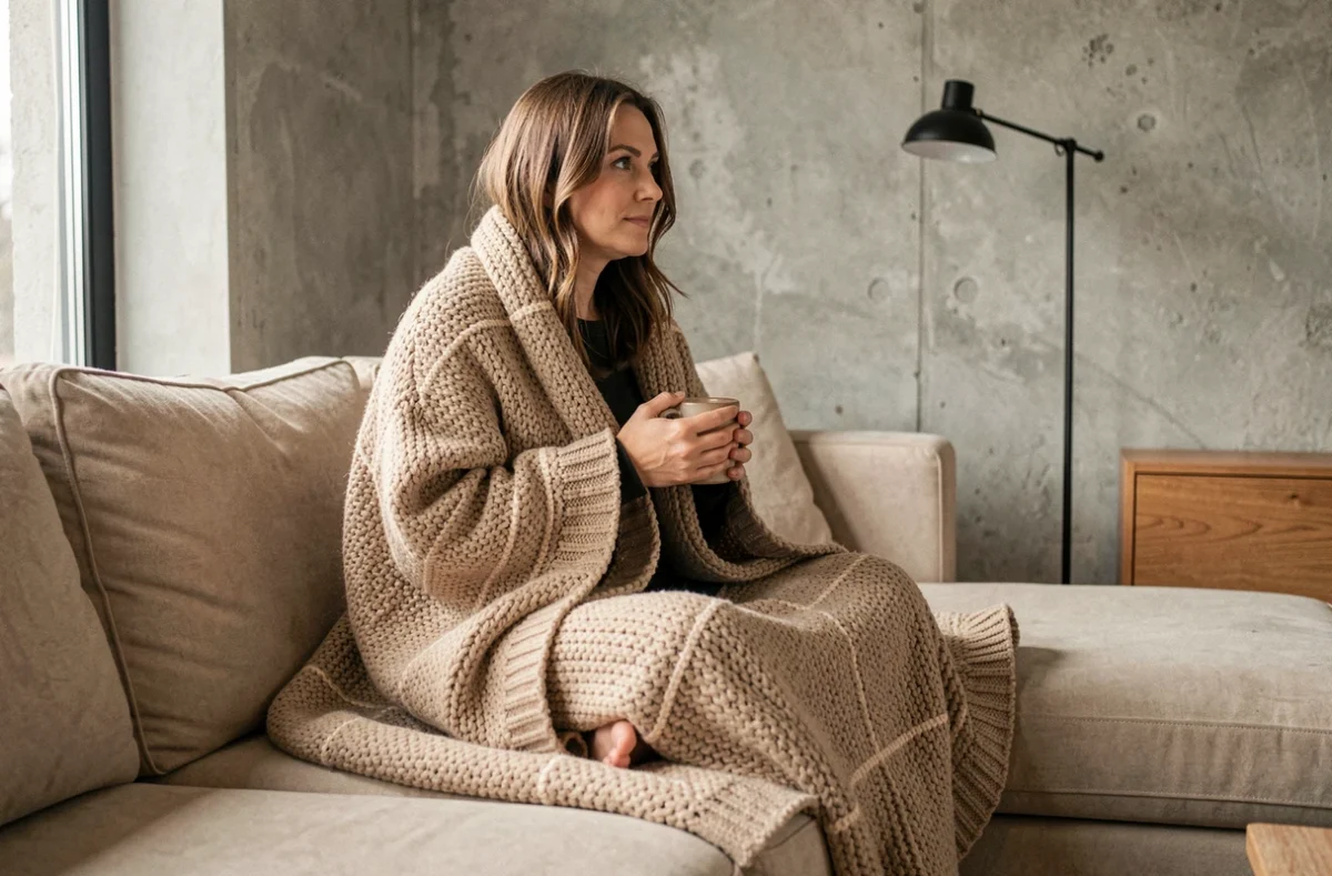 Femme enveloppée dans un plaid beige en grosse maille sur un canapé d'angle moderne tenant une tasse de café