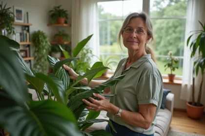 Femme d'âge moyen prenant soin de plantes d'intérieur dans un salon moderne