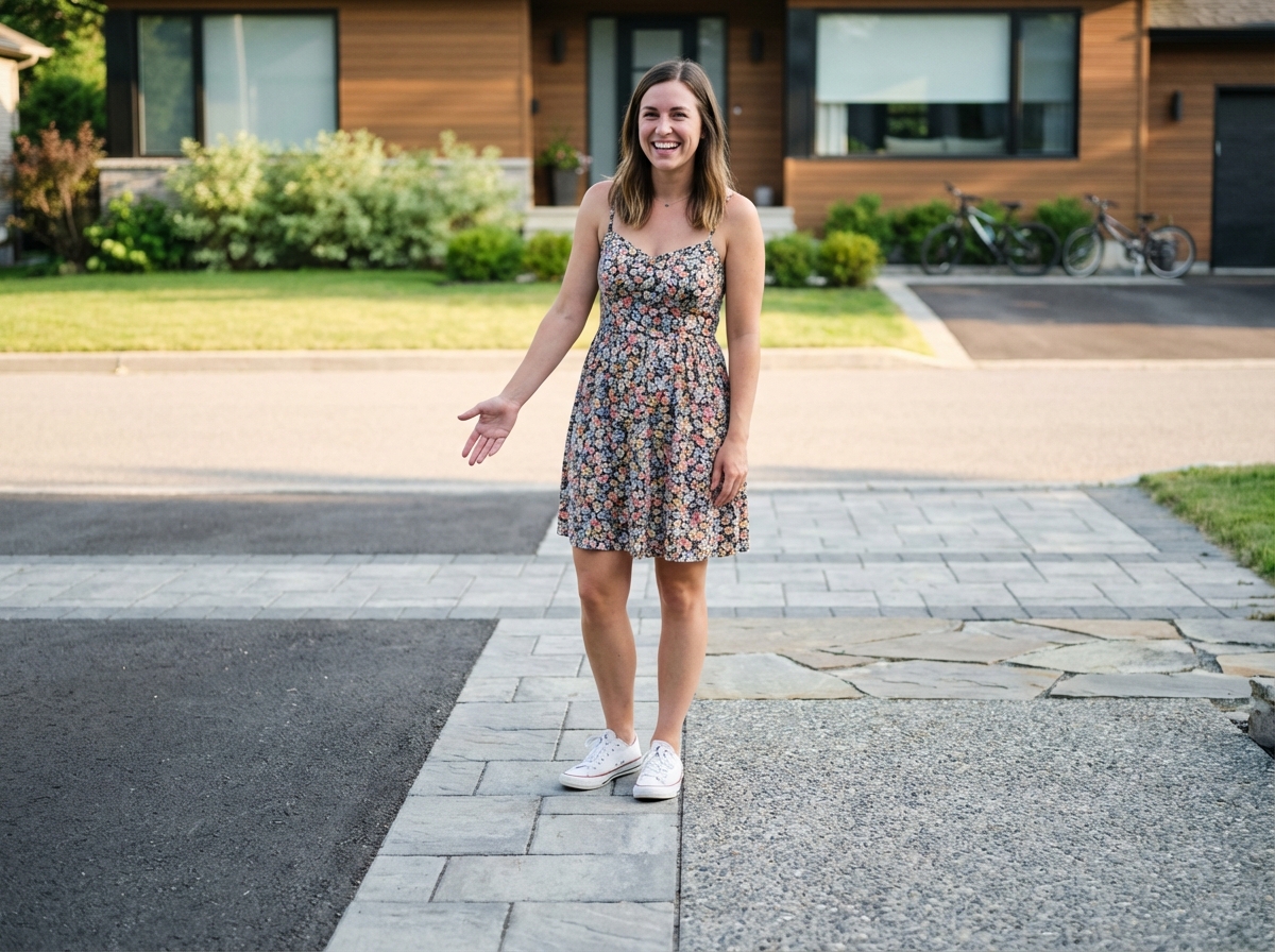 Jeune femme souriante montrant différents revêtements minéraux