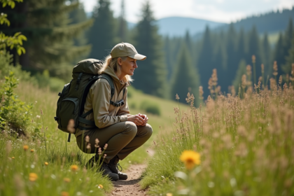 Femme en randonnée dans un pré ensoleillé avec forêt