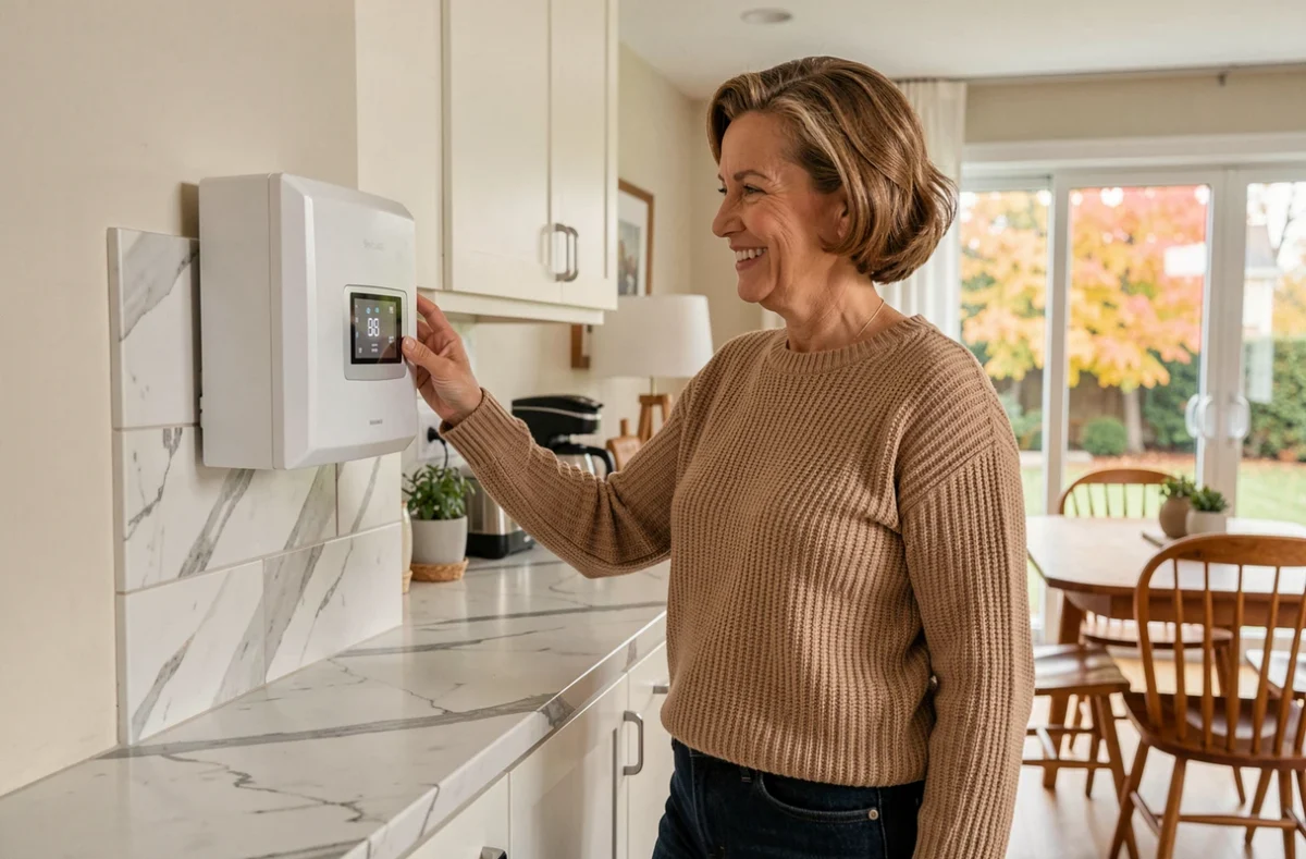 Femme réglant le thermostat de sa pompe à chaleur gainable air-air dans une cuisine ouverte moderne