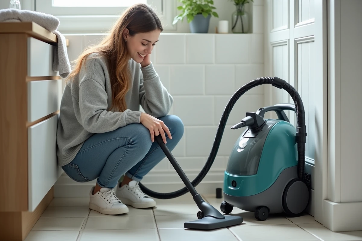 Jeune femme remplissant un nettoyeur vapeur dans une salle de bain