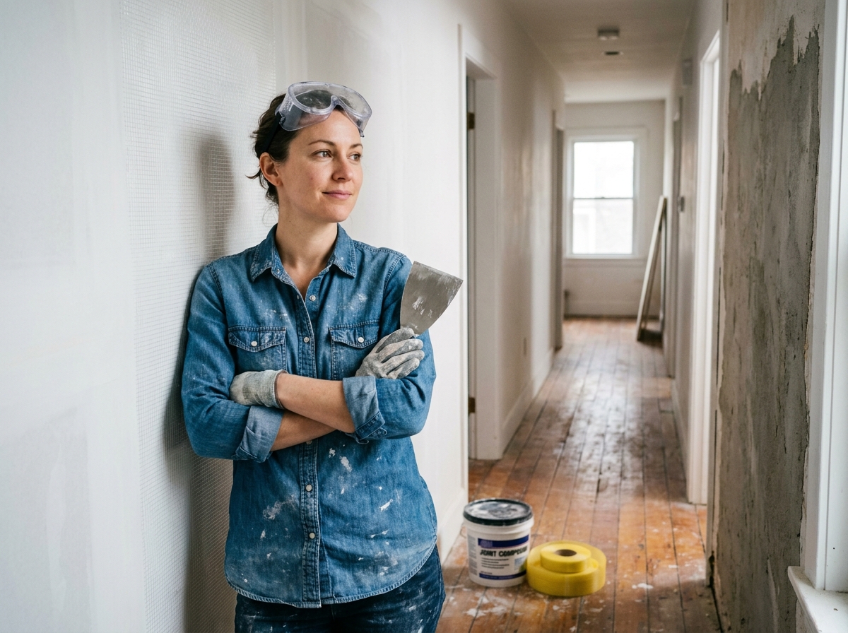Femme évaluant une cloison renforcée à la fibre de verre dans un couloir en cours de rénovation