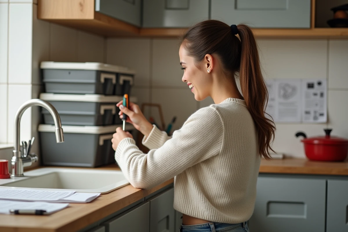 Jeune femme répare un meuble de cuisine avec un tournevis