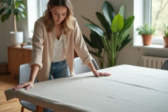 Femme en blouse beige repassant une couverture de table moderne