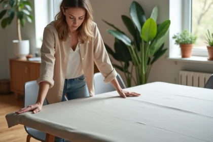 Femme en blouse beige repassant une couverture de table moderne