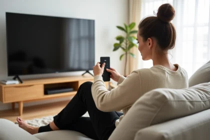 Femme assise sur un canapé avec antenne TV moderne dans un salon scandinave
