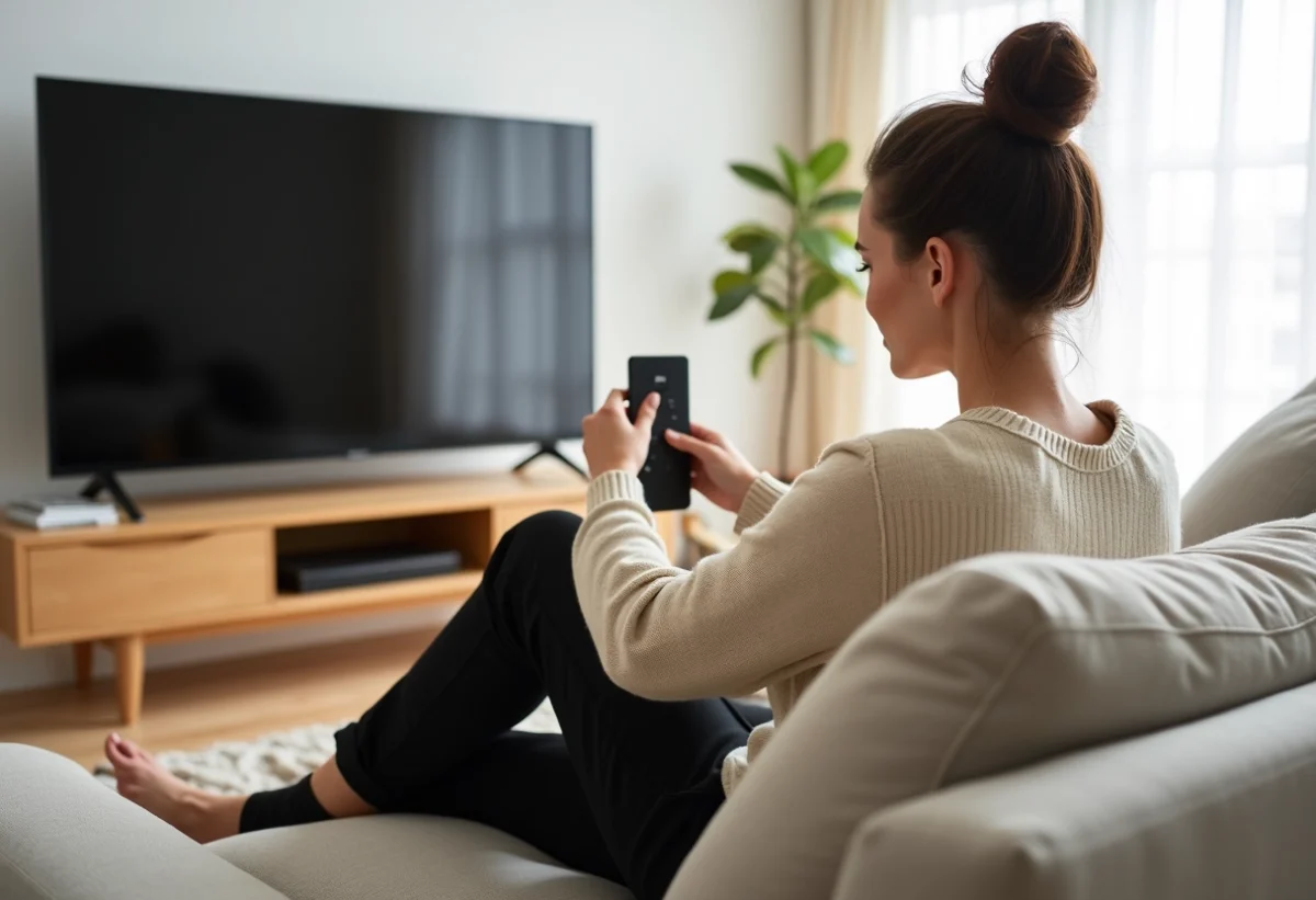 Femme assise sur un canapé avec antenne TV moderne dans un salon scandinave