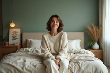 Femme détendue dans une chambre apaisante avec déco naturelle