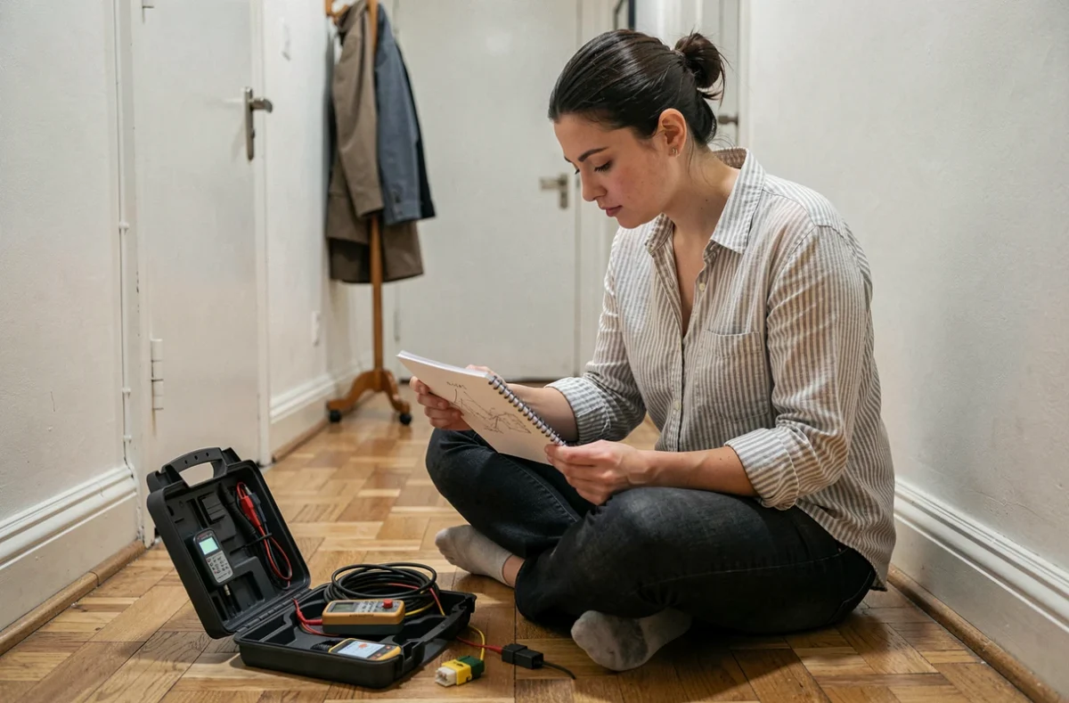 Femme consultant un schéma de câblage pour installer une prise téléphone dans un couloir d'appartement