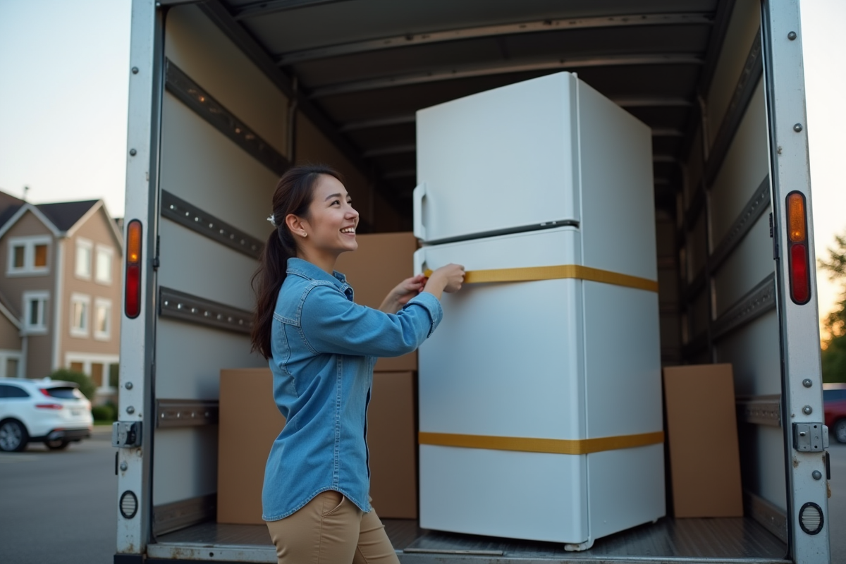 Femme attachant un réfrigérateur dans un camion de déménagement
