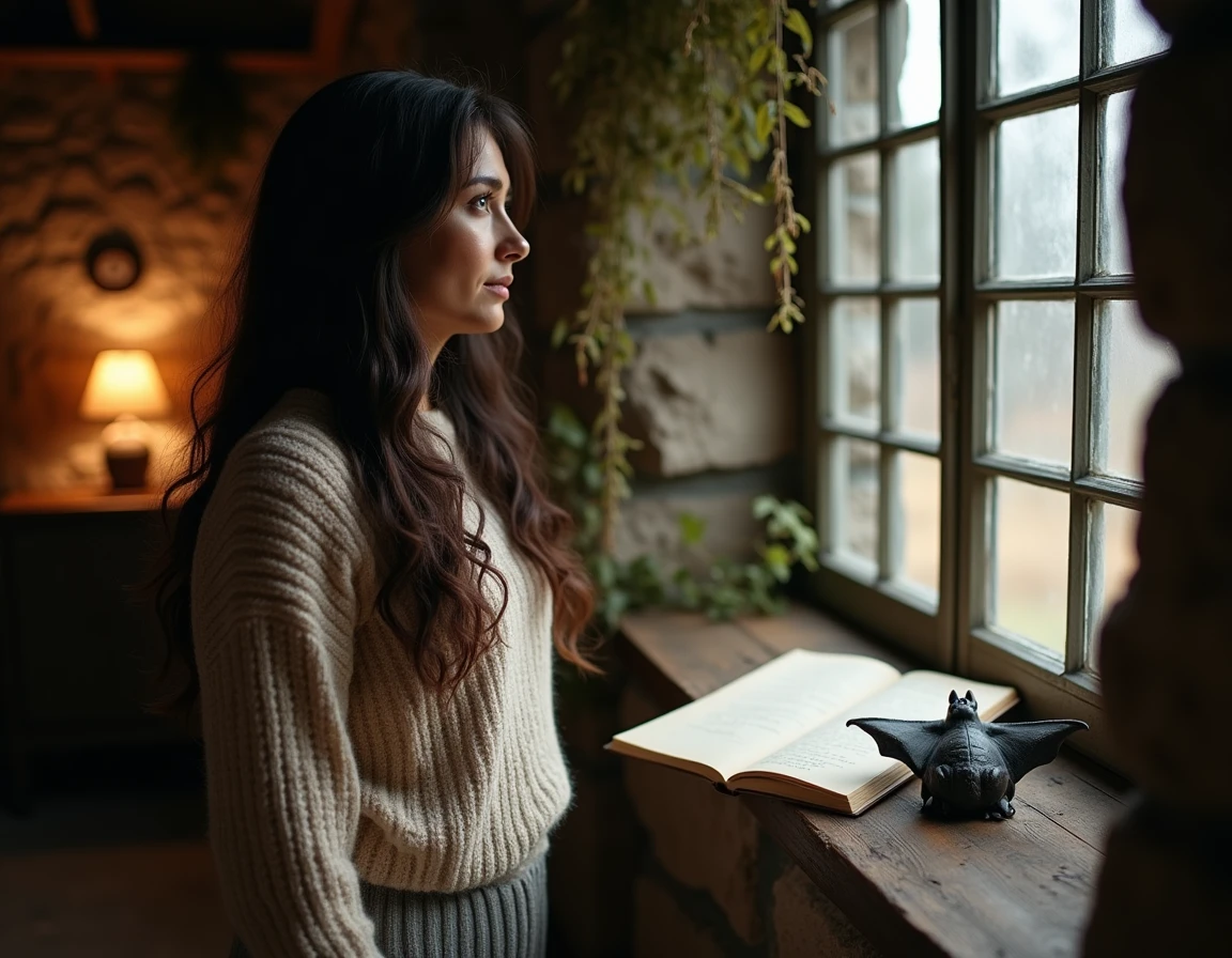 Femme pensive près d'une fenêtre ancienne avec un carnet de notes sur la symbolique de la chauve-souris comme animal totem spirituel