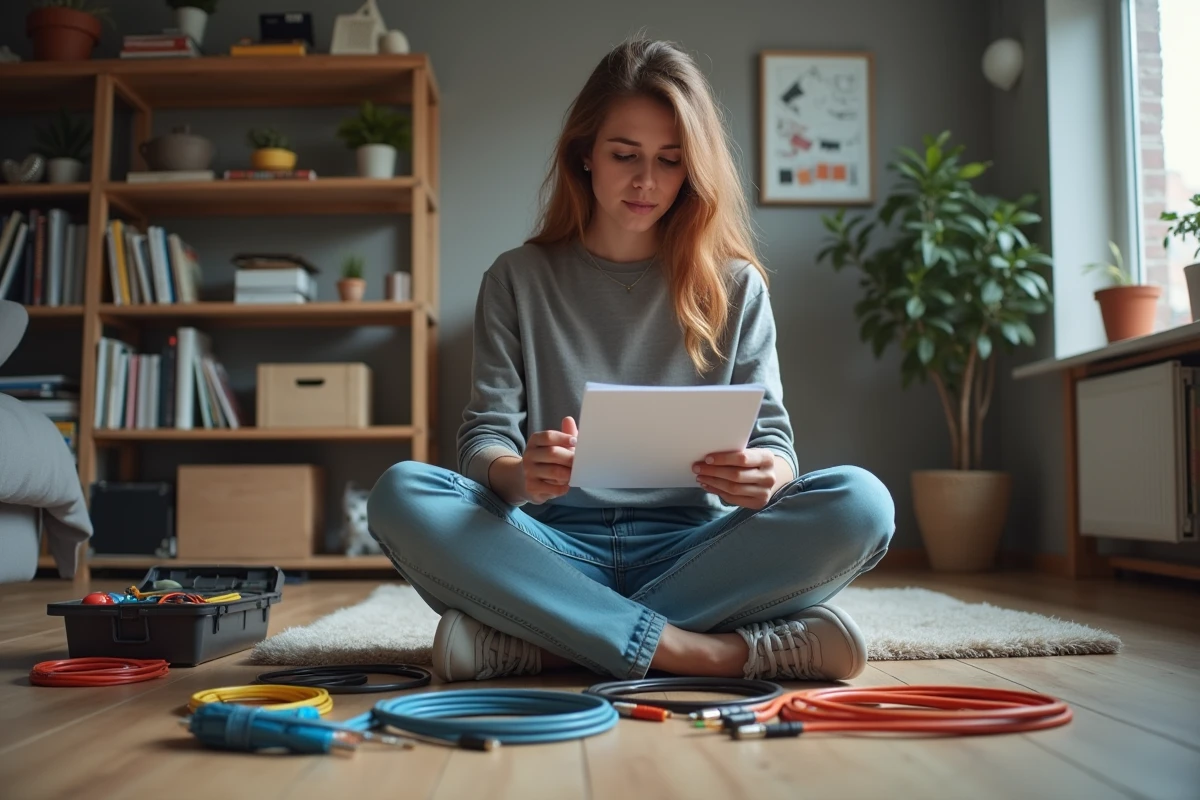 Jeune femme triant des câbles électriques dans un salon