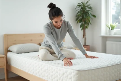 Femme testant la fermeté d'un matelas Technilat en appuyant la paume sur la surface, chambre moderne minimaliste