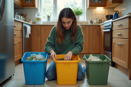 Jeune femme triant des déchets dans la cuisine moderne