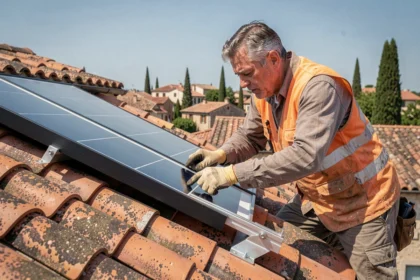 Poseur professionnel fixant un panneau solaire sur une toiture en tuiles romanes dans un village provençal