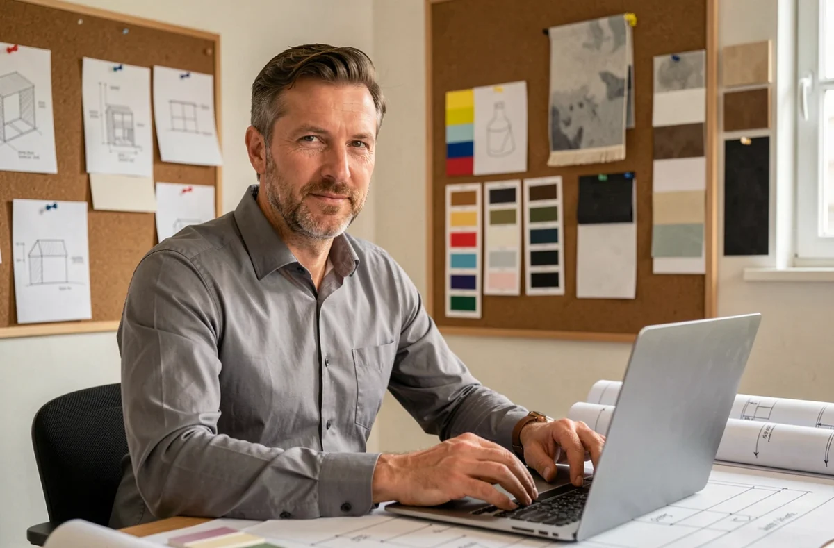 Frédéric Busquet, architecte d'intérieur indépendant à Saint-Étienne, dans son studio de création