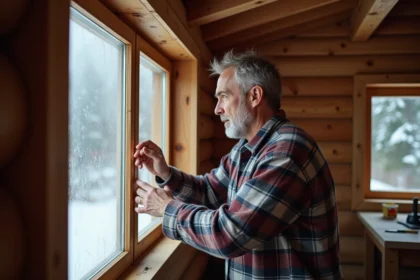 Homme examinant la glace sur la fenêtre d'un chalet en bois