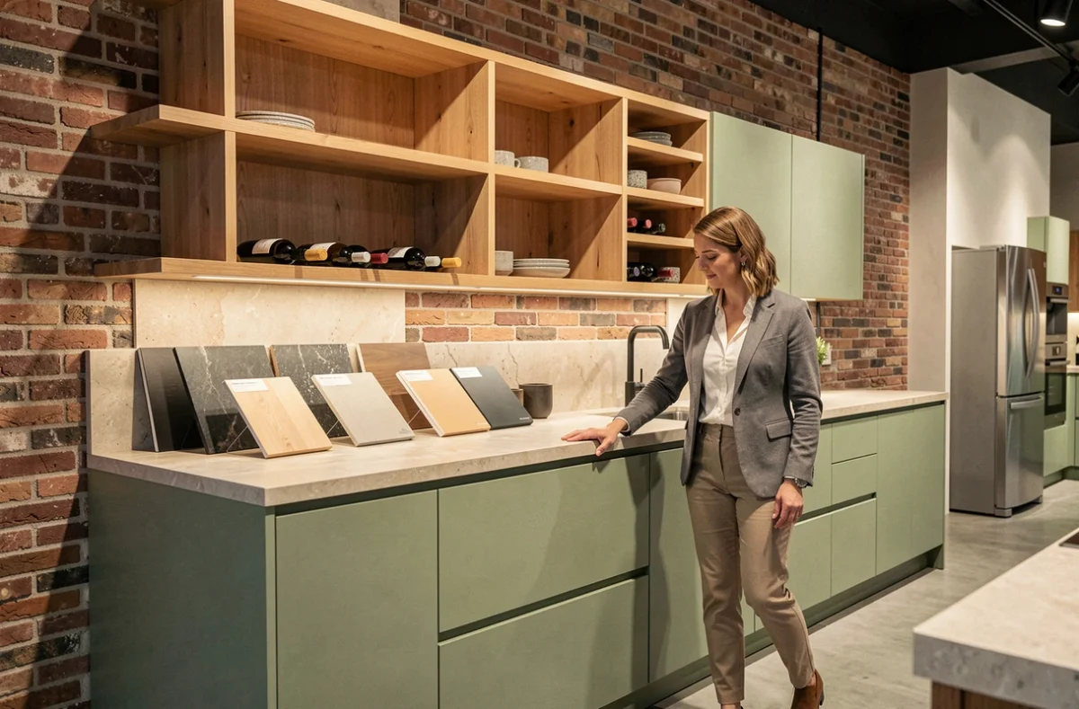 Modèle de cuisine bicolore chêne et vert sauge exposé chez Galaxie Cuisines à Lyon