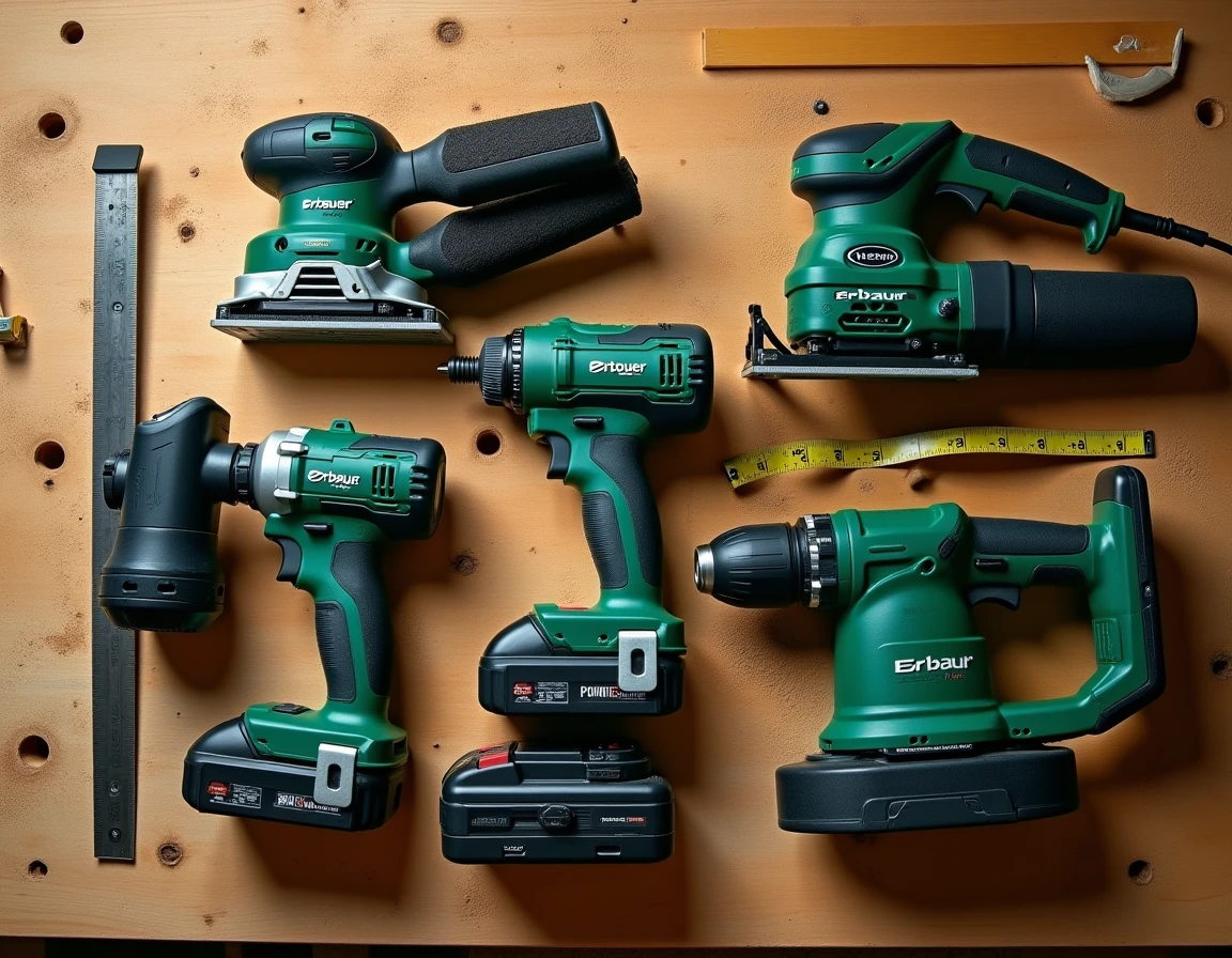 Vue à plat des outils électroportatifs Erbauer sur un établi en bois, comparatif gamme rapport qualité-prix 2026