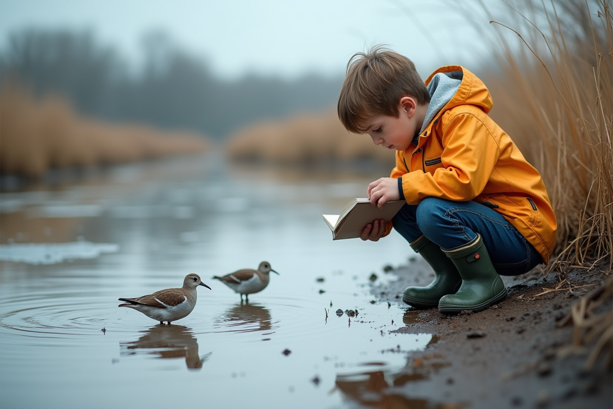 Jeune garçon observant des oiseaux au bord d