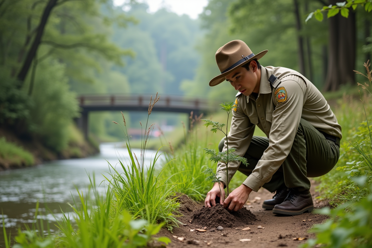 Jeune garde forestier plantant un arbre au bord de la rivière
