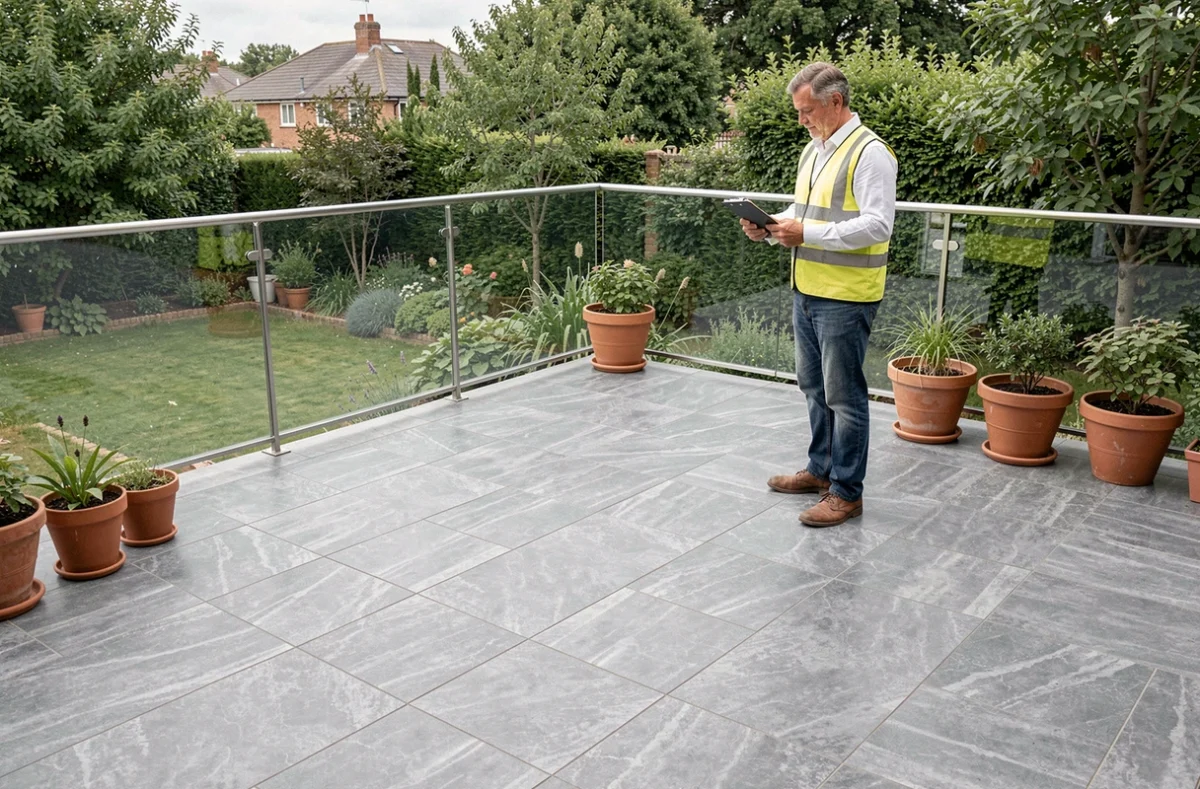 Spécialiste de GCR Gomes Carrelage Renovation inspectant une terrasse extérieure carrelée en pierre reconstituée