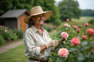 jardin fleuri en été avec outils de jardinage et conseils d'entretien